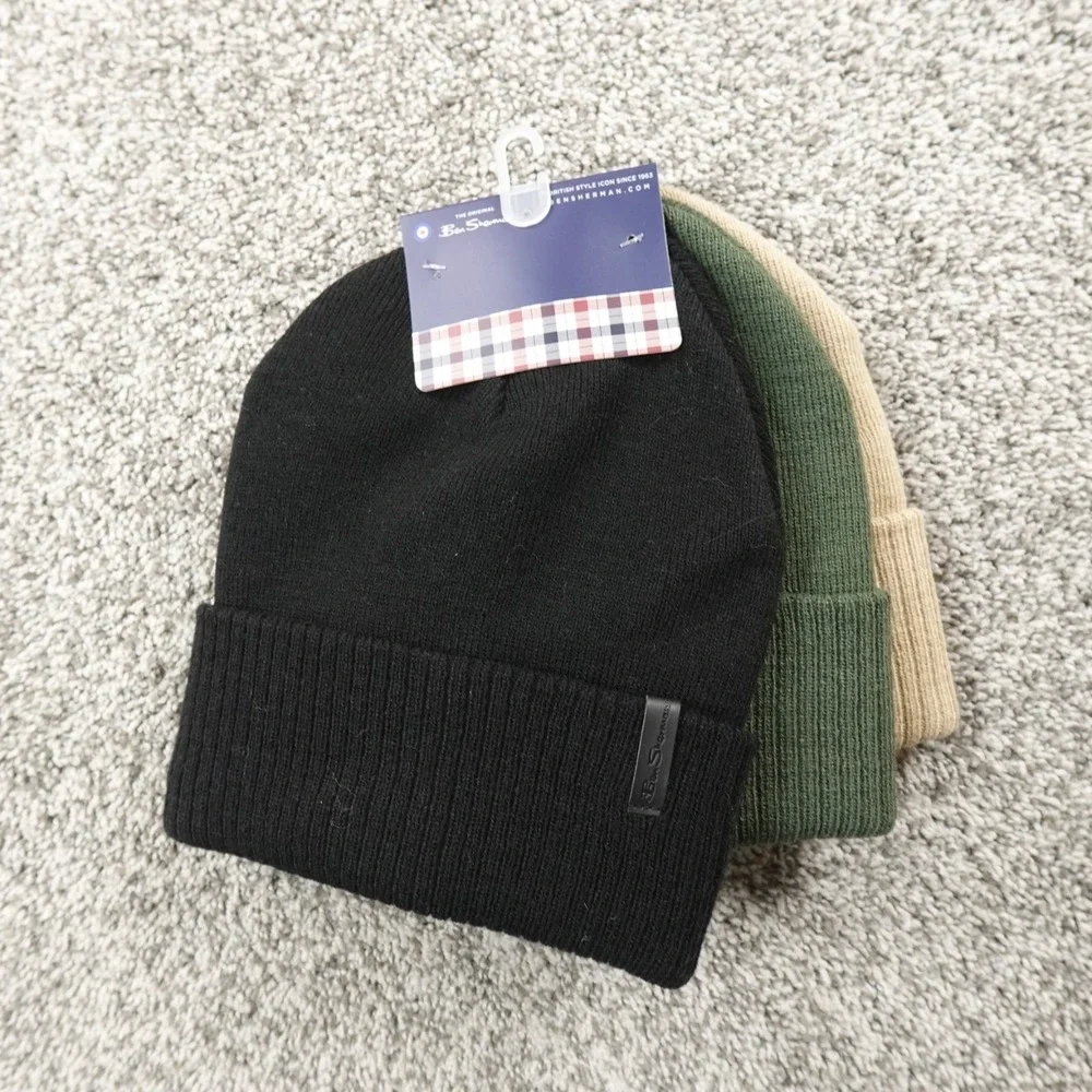 NEW Ben Sherman Hat‎ Beanie Cap Mens One Size Green Black Beige Knit 3 Pack Warm